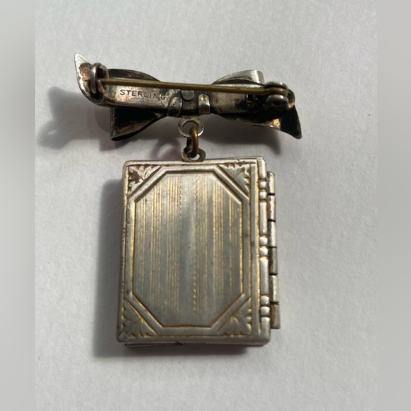 Sterling Silver Dangling Book Locket & Bow Pendant Brooch - 1 3/8" Tall - Picture 9 of 11